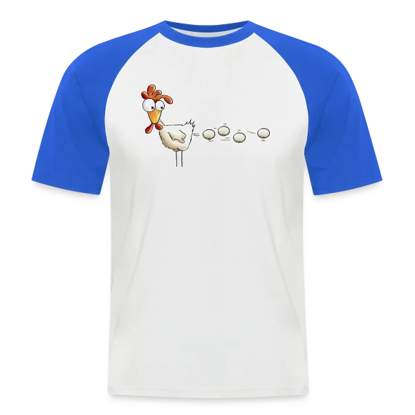 Attention, projectile poule ! Humour basse-cour sur T-shirt baseball manches courtes Homme
