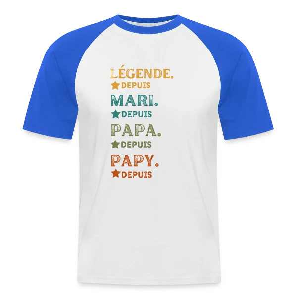 Légende Personnalisée : Mari, Papa, Papy Depuis [Année] sur T-shirt baseball manches courtes Homme