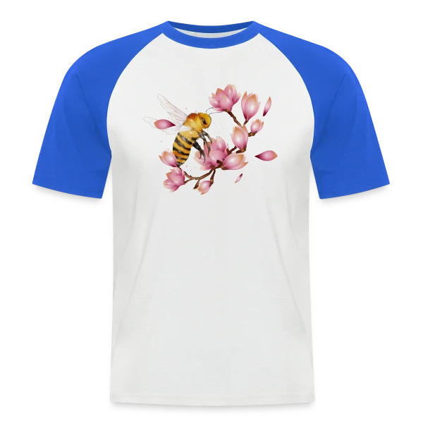 Abeille Volante et Magnolias – Dessin Main Élégant sur T-shirt baseball manches courtes Homme