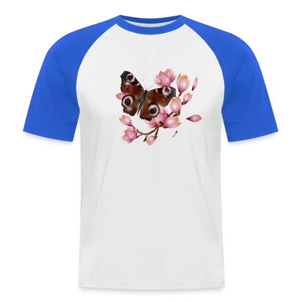 Papillon Paon et Magnolia Rose : Élégance Naturelle sur T-shirt baseball manches courtes Homme