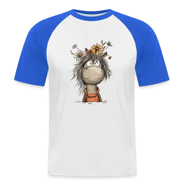 Cheval mignon en salopette et fleurs sauvages sur T-shirt baseball manches courtes Homme