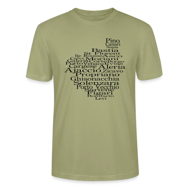 Maquette de T-shirt bio CRAFTER Stanley Stella Unisexe « Carte Corse Villes Typographie » à personnaliser