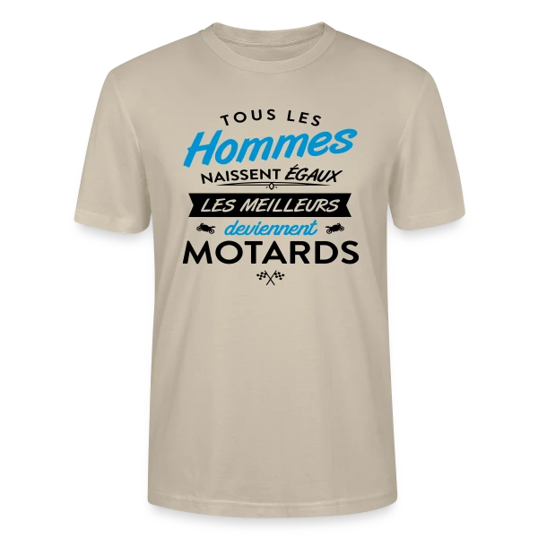 Maquette de T-shirt bio CRAFTER Stanley Stella Unisexe « Moto Humour : Naissent Égaux, Meilleurs Motards » à personnaliser