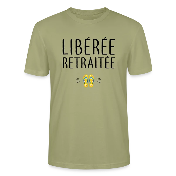 Maquette de T-shirt bio CRAFTER Stanley Stella Unisexe « 'Libérée Retraitée' - L'Humour pour Célébrer Sa Nouvelle Vie » à personnaliser