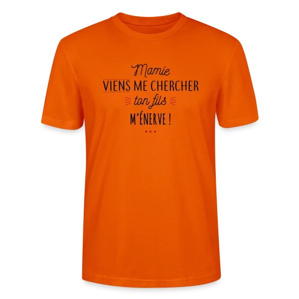 Maquette de T-shirt bio CRAFTER Stanley Stella Unisexe « Humour : Mamie, Ton Fils M'Énerve ! » à personnaliser