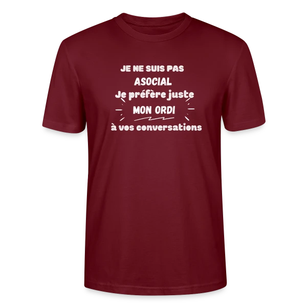 Maquette de T-shirt bio CRAFTER Stanley Stella Unisexe « Pas Asocial, Juste Fan de Mon Ordi : Humour Geek » à personnaliser