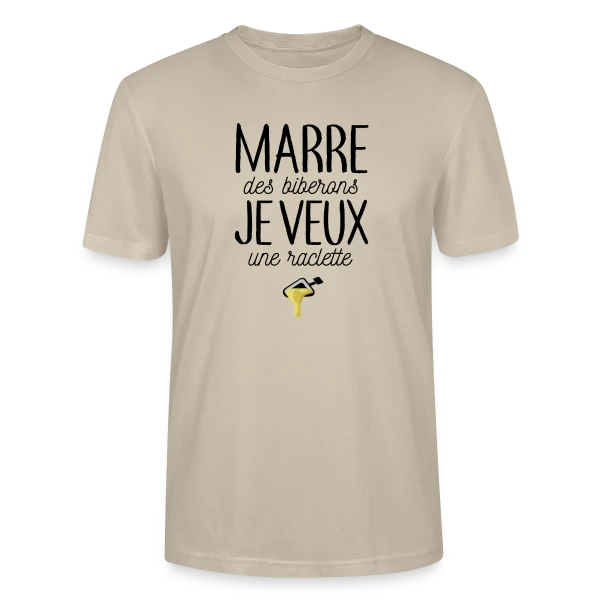 Maquette de T-shirt bio CRAFTER Stanley Stella Unisexe « Bébé Gourmand : Marre des Biberons, Je Veux une Raclette ! » à personnaliser