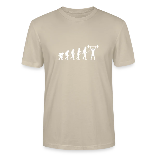 Maquette de T-shirt bio CRAFTER Stanley Stella Unisexe « Humour Musculation: L'Évolution du Sportif » à personnaliser
