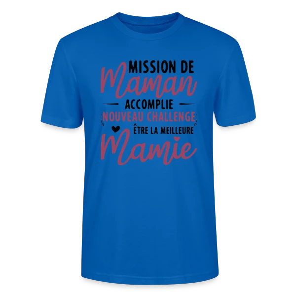 Maquette de T-shirt bio CRAFTER Stanley Stella Unisexe « Mission Maman Accomplie : J'deviens Mamie ! Annonce Grossesse » à personnaliser