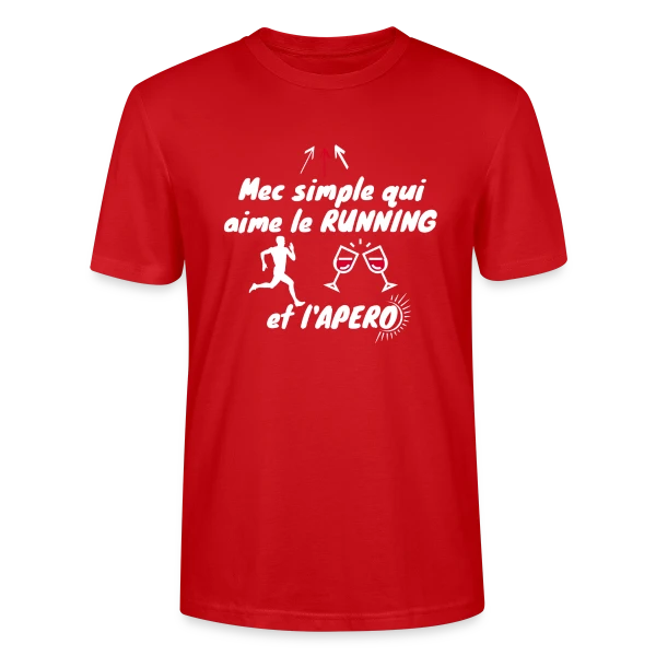 Maquette de T-shirt bio CRAFTER Stanley Stella Unisexe « Mec Simple Aime Running et Apéro - Cadeau Runner Humour » à personnaliser