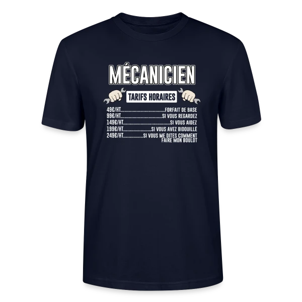 Maquette de T-shirt bio CRAFTER Stanley Stella Unisexe « Mécanicien : Mes Tarifs Horaires | T-Shirt Humour Auto » à personnaliser
