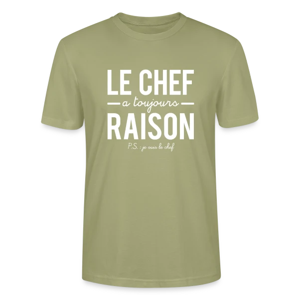 Maquette de T-shirt bio CRAFTER Stanley Stella Unisexe « Humour Cuisine : Le Chef a Toujours Raison! » à personnaliser