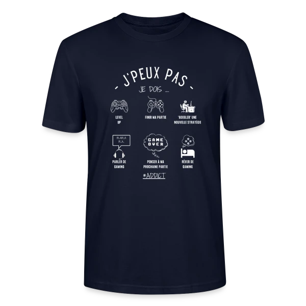 Maquette de T-shirt bio CRAFTER Stanley Stella Unisexe « Humour Geek: 'J'peux pas, j'dois gamer' » à personnaliser
