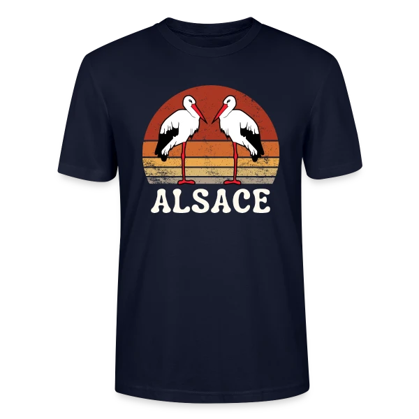 Maquette de T-shirt bio CRAFTER Stanley Stella Unisexe « Cigognes Alsace Rétro Sunset » à personnaliser