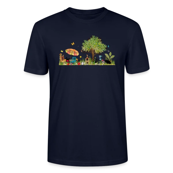 Maquette de T-shirt bio CRAFTER Stanley Stella Unisexe « Jardin luxuriant et Chats Noirs - Illustration Poétique » à personnaliser