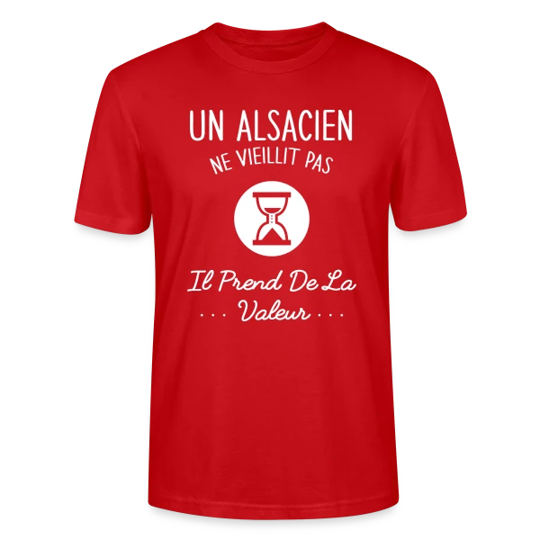 Maquette de T-shirt bio CRAFTER Stanley Stella Unisexe « Alsacien Humour - Ne Vieillit Pas, Prend de la Valeur » à personnaliser