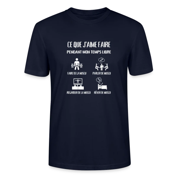 Maquette de T-shirt bio CRAFTER Stanley Stella Unisexe « Temps Libre = Muscu ! Humour Musculation Homme » à personnaliser