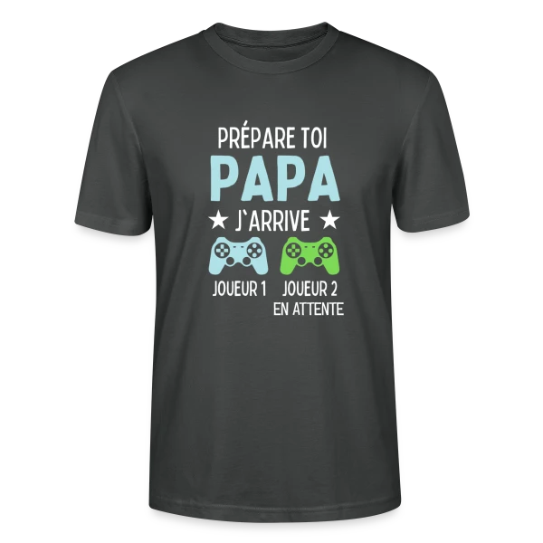 Maquette de T-shirt bio CRAFTER Stanley Stella Unisexe « Futur Papa Gamer - Annonce Grossesse Humour » à personnaliser