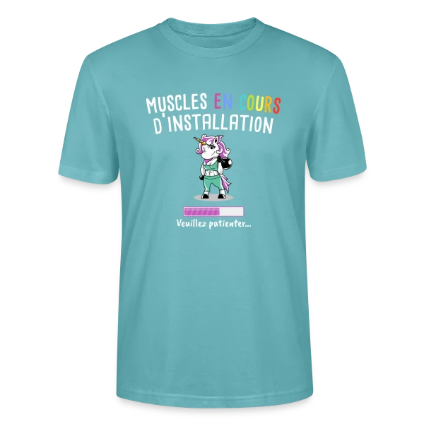 Maquette de T-shirt bio CRAFTER Stanley Stella Unisexe « Muscles en Cours : Licorne Fitness Humour - Cadeau Sportif » à personnaliser