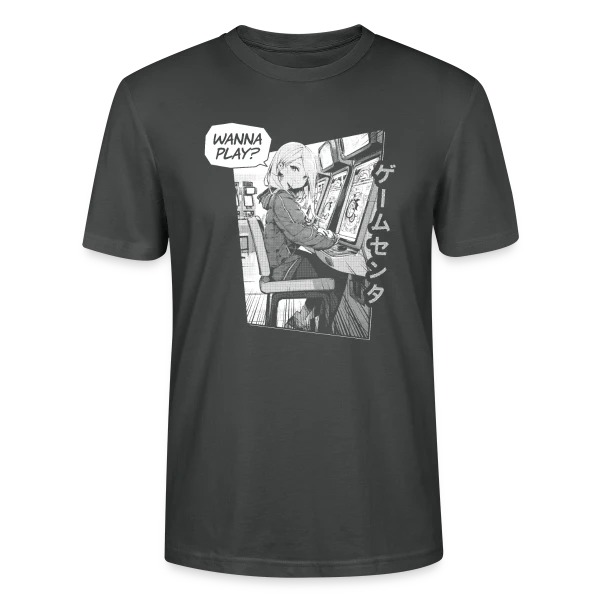 Maquette de T-shirt bio CRAFTER Stanley Stella Unisexe « Fille Anime en Arcade Rétro - Wanna Play ? » à personnaliser