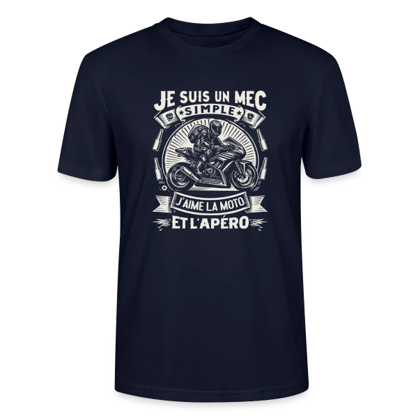 Maquette de T-shirt bio CRAFTER Stanley Stella Unisexe « Humour Moto & Apéro - Pour Mec Simple » à personnaliser