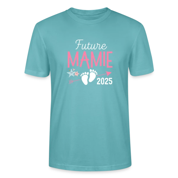 Maquette de T-shirt bio CRAFTER Stanley Stella Unisexe « Future Mamie 2025 : Annonce de Grossesse Originale » à personnaliser