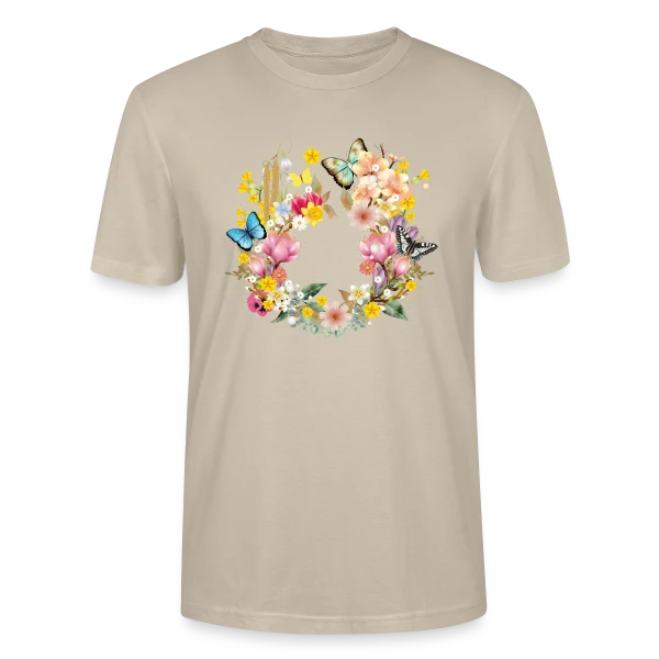 Maquette de T-shirt bio CRAFTER Stanley Stella Unisexe « Éclosion Printanière : Fleurs et Papillons Colorés » à personnaliser