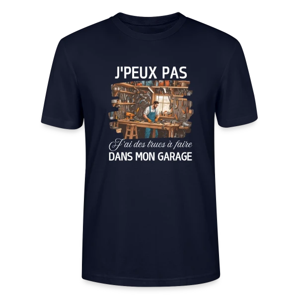 Maquette de T-shirt bio CRAFTER Stanley Stella Unisexe « Humour Bricoleur - J'peux Pas J'ai Garage » à personnaliser