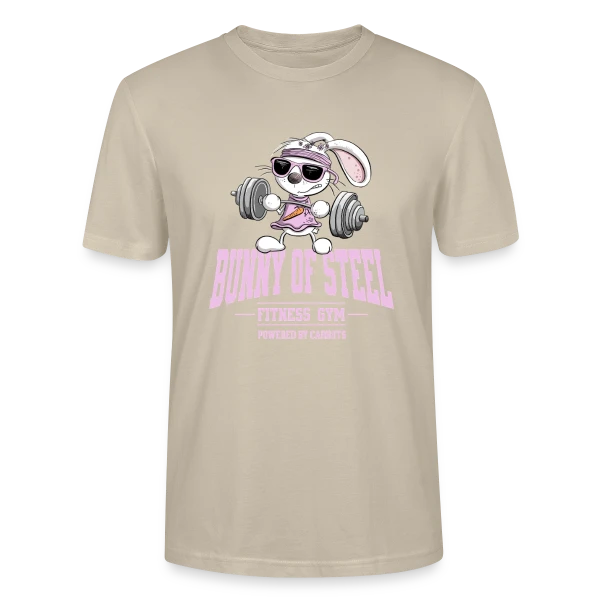 Maquette de T-shirt bio CRAFTER Stanley Stella Unisexe « Lapin Fitness - Entraînement 'Powered by Carrots' » à personnaliser