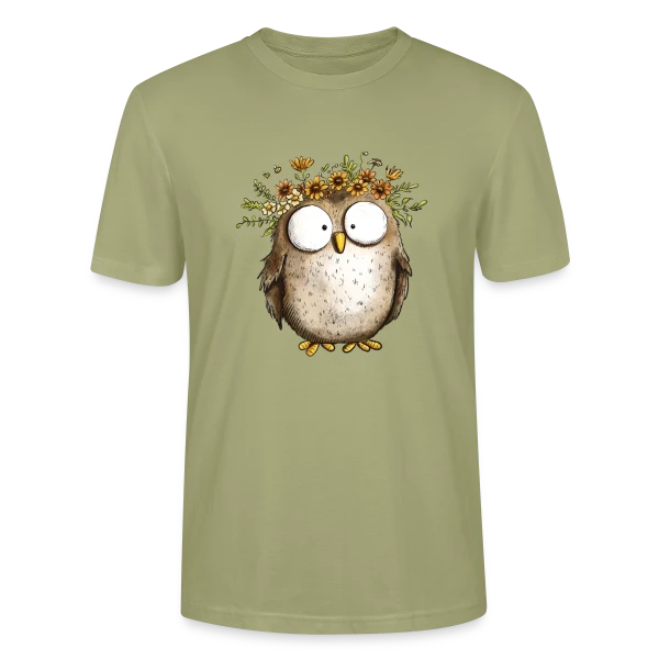 Maquette de T-shirt bio CRAFTER Stanley Stella Unisexe « Hibou avec Couronne de Fleurs Sauvages - Style Cottagecore » à personnaliser