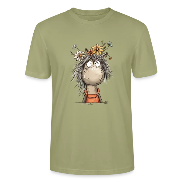 Maquette de T-shirt bio CRAFTER Stanley Stella Unisexe « Cheval mignon en salopette et fleurs sauvages » à personnaliser