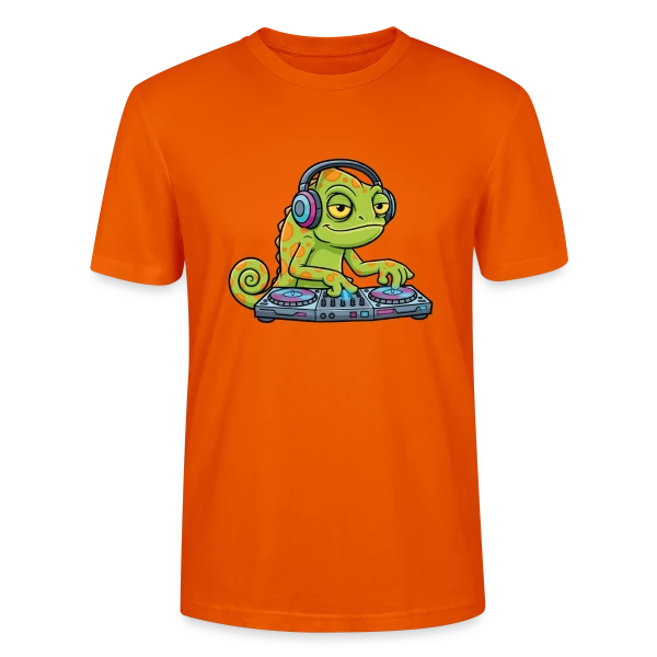 Maquette de T-shirt bio CRAFTER Stanley Stella Unisexe « Caméléon DJ Mascotte Cartoon » à personnaliser