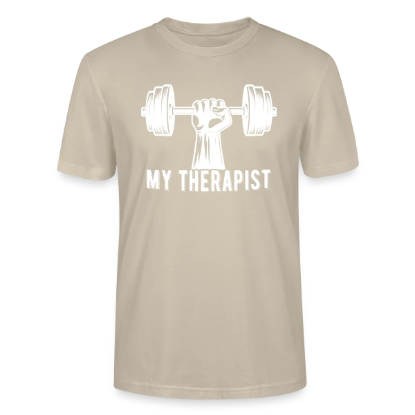 Maquette de T-shirt bio CRAFTER Stanley Stella Unisexe « Ma Thérapeute : La Barre (de Musculation) ! Humour Sportif » à personnaliser