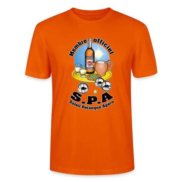 Maquette de T-shirt bio CRAFTER Stanley Stella Unisexe « Club S.P.A : Soleil, Pétanque, Apéro ! » à personnaliser