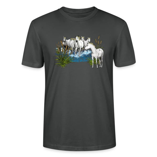 Maquette de T-shirt bio CRAFTER Stanley Stella Unisexe « Chevaux Camarguais : L'Esprit Sauvage de la Camargue » à personnaliser