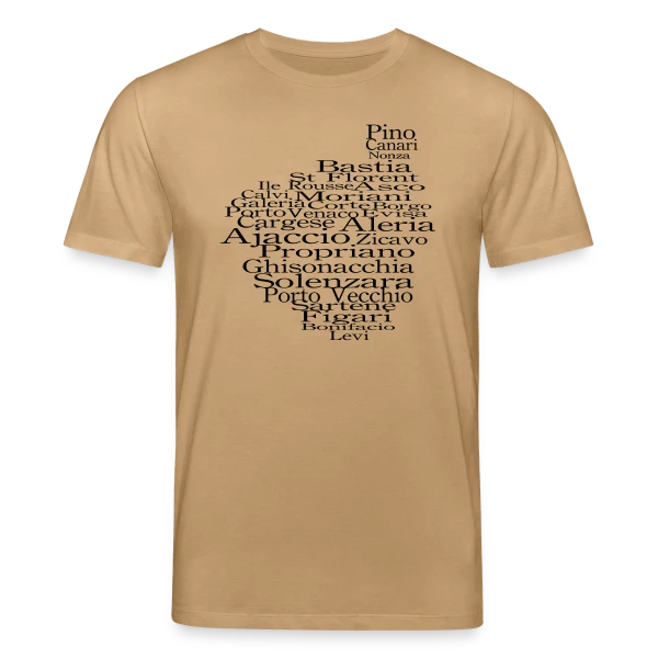 Maquette de T-shirt bio CREATOR Stanley/Stella Unisexe « Carte Corse Villes Typographie » à personnaliser