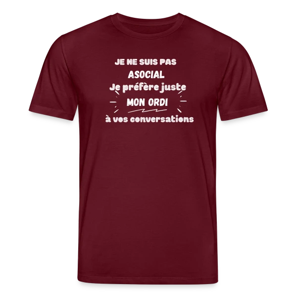 Maquette de T-shirt bio CREATOR Stanley/Stella Unisexe « Pas Asocial, Juste Fan de Mon Ordi : Humour Geek » à personnaliser