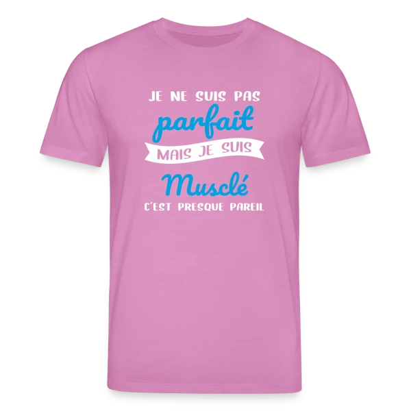 Maquette de T-shirt bio CREATOR Stanley/Stella Unisexe « Musculation : Pas Parfait, Mais Musclé ! Humour Fitness » à personnaliser