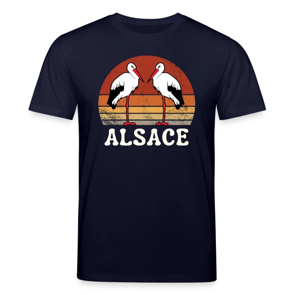 Maquette de T-shirt bio CREATOR Stanley/Stella Unisexe « Cigognes Alsace Rétro Sunset » à personnaliser