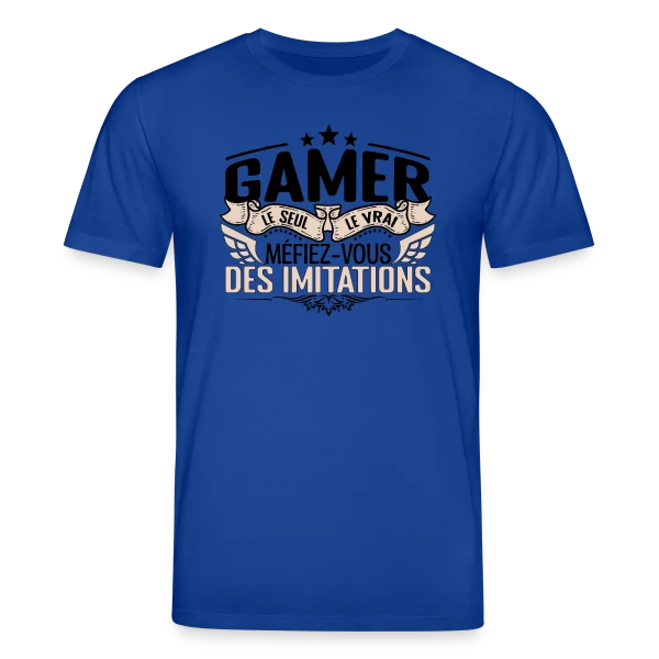 Maquette de T-shirt bio CREATOR Stanley/Stella Unisexe « 'Le Vrai Gamer' : Méfiez-vous des Imitations » à personnaliser