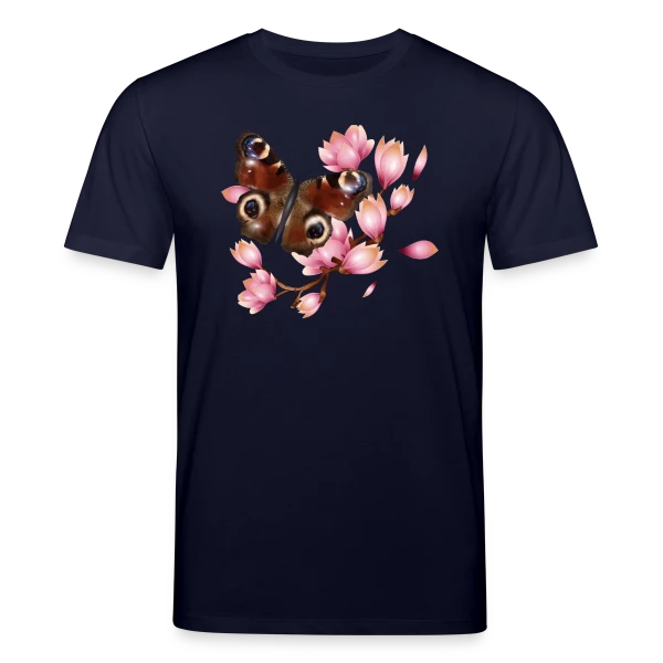 Maquette de T-shirt bio CREATOR Stanley/Stella Unisexe « Papillon Paon et Magnolia Rose : Élégance Naturelle » à personnaliser