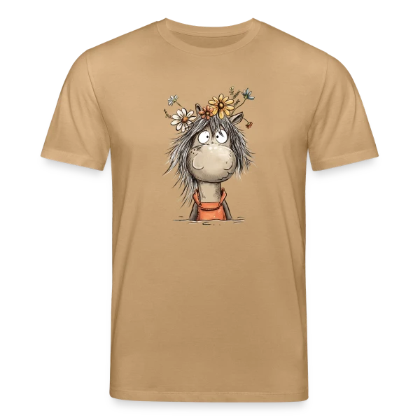 Maquette de T-shirt bio CREATOR Stanley/Stella Unisexe « Cheval mignon en salopette et fleurs sauvages » à personnaliser