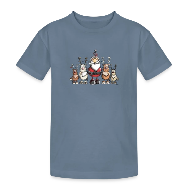 Père Noël entouré de rennes - Scène hivernale sur T-shirt coton épais ado