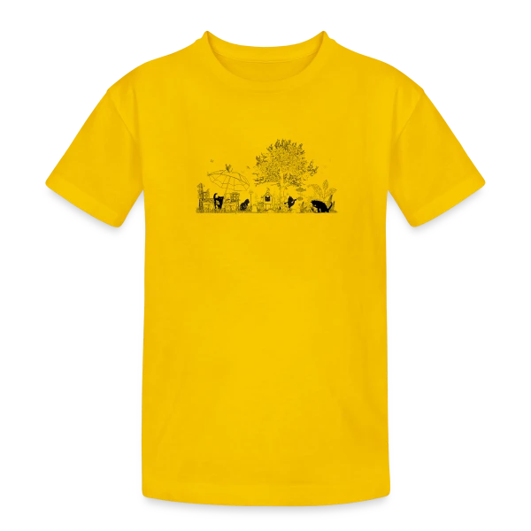 Jardin Luxuriant et Chats Noirs - Dessin Monochrome sur T-shirt coton épais ado