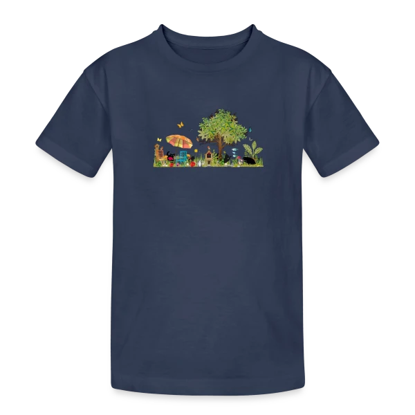 Jardin luxuriant et Chats Noirs - Illustration Poétique sur T-shirt coton épais ado