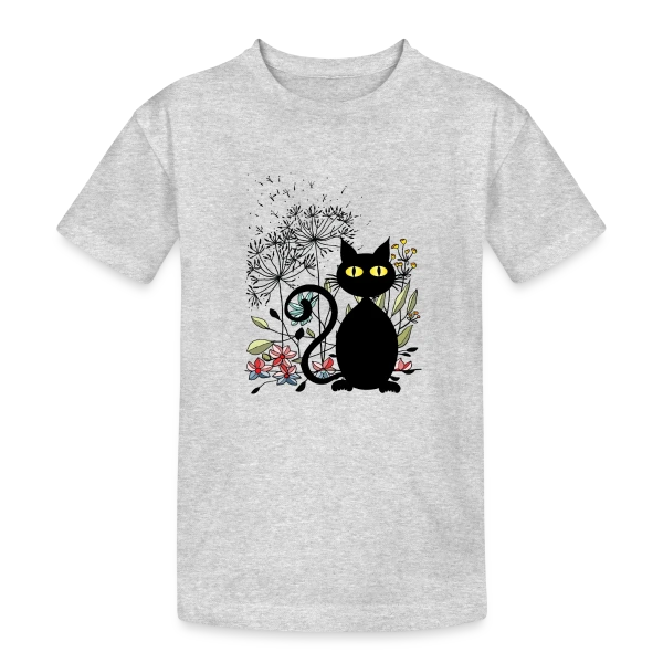 Chat Noir Fleuri sur T-shirt coton épais ado