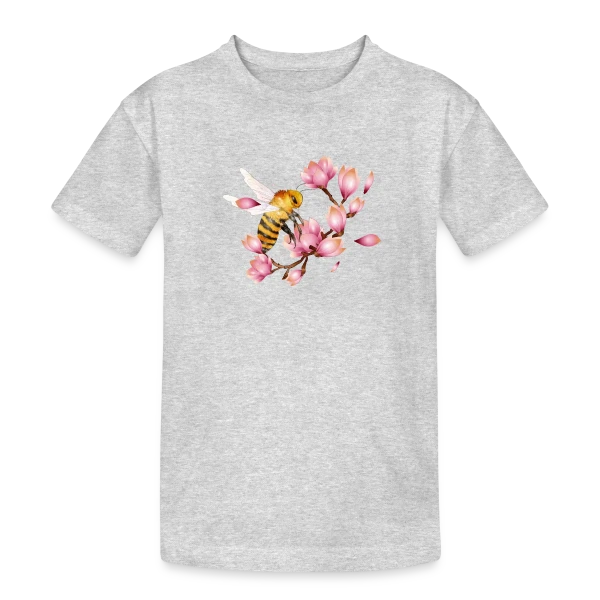 Abeille Volante et Magnolias – Dessin Main Élégant sur T-shirt coton épais ado
