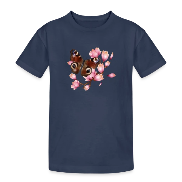 Papillon Paon et Magnolia Rose : Élégance Naturelle sur T-shirt coton épais ado