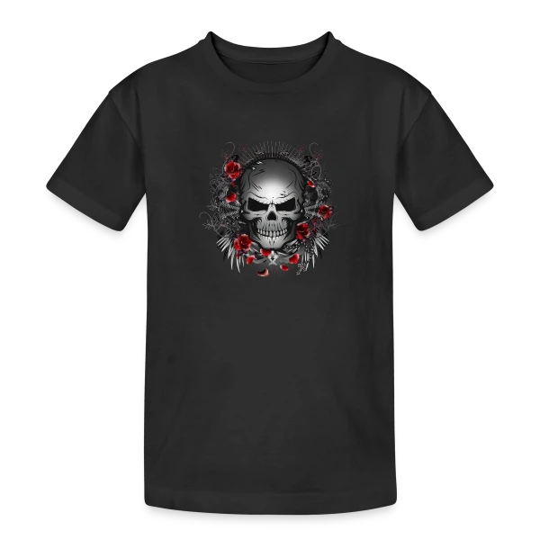 Crâne Gothique Mystique aux Roses Rouges sur T-shirt coton épais ado