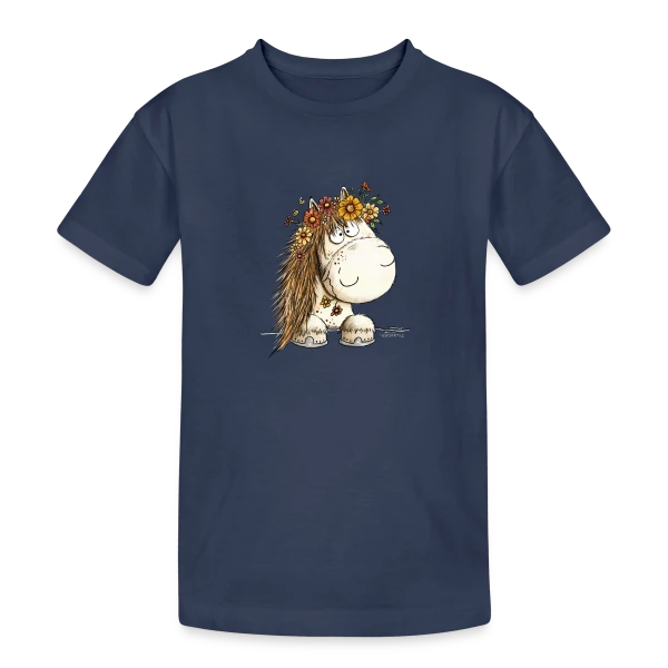 Cheval Adorable avec Couronne de Fleurs - Cartoon sur T-shirt coton épais ado